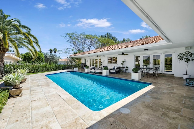 1117 Bella Vista Ave, Coral Gables, FL 33156 - pool with an outdoor hangout area, french doors, a patio, and ceiling fan
