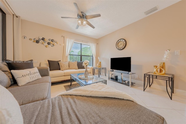 2888 S Carambola Cir S Unit 2079, Coconut Creek, FL 33066 - tiled living area featuring a ceiling fan and a textured ceiling