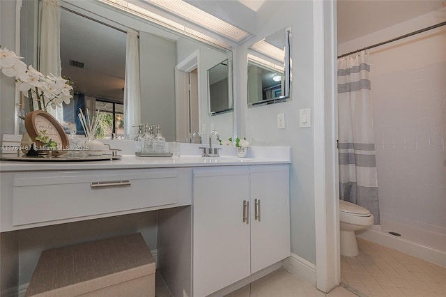 bathroom featuring tile patterned flooring, visible vents, toilet, tiled shower, and vanity