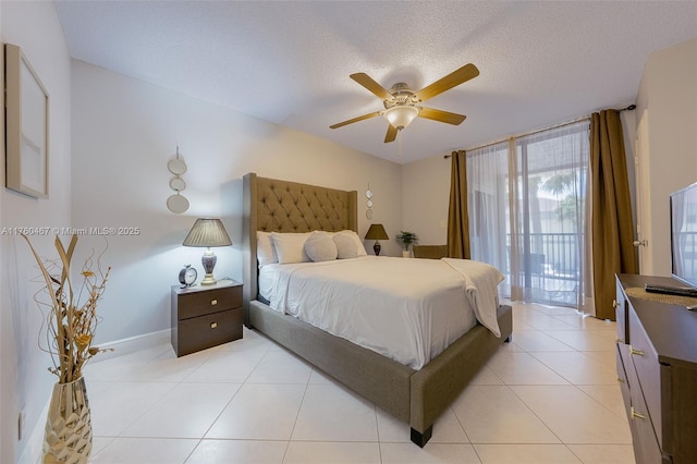 2888 S Carambola Cir S Unit 2079, Coconut Creek, FL 33066 - bedroom featuring access to exterior, a textured ceiling, light tile patterned floors, and a ceiling fan