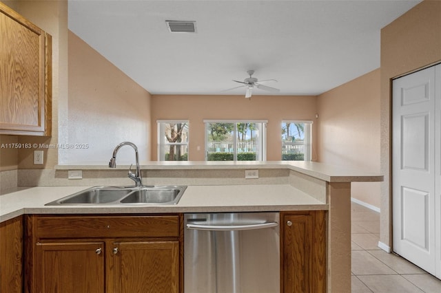 kitchen featuring visible vents, dishwasher, light tile patterned floors, a peninsula, and a sink