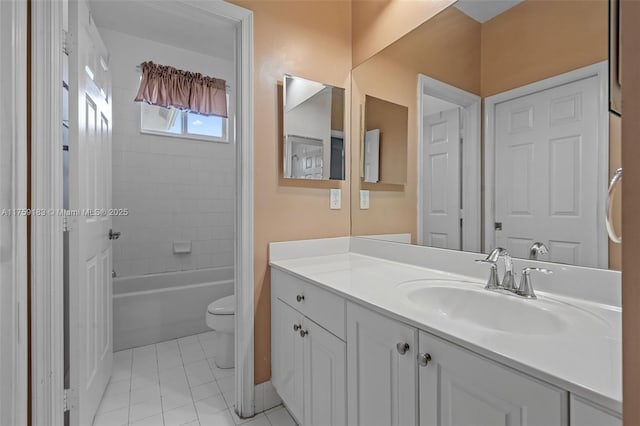 full bathroom with tile patterned flooring, toilet, vanity, and shower / bathing tub combination