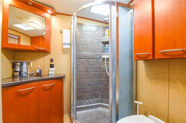 bathroom with vanity, toilet, and a shower stall