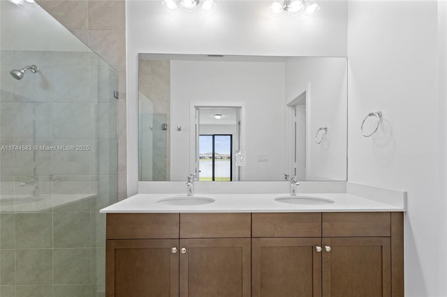 bathroom featuring a shower stall, double vanity, and a sink