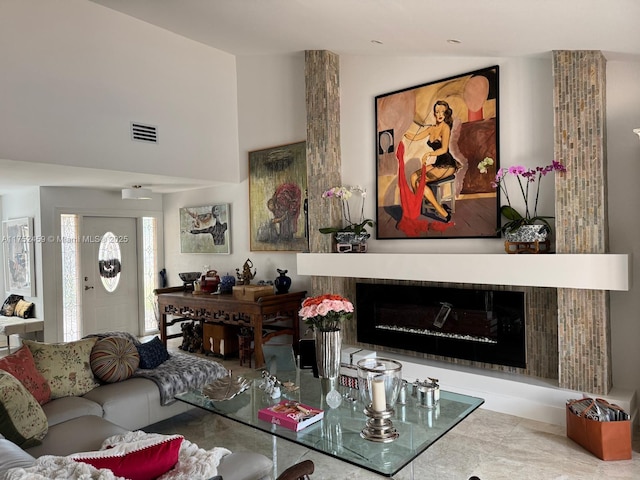 1838 NW 93rd Ter, Plantation, FL 33322 - living room with a fireplace, lofted ceiling, and visible vents