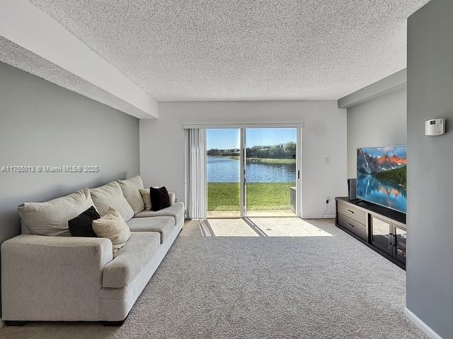 living room with a textured ceiling and carpet flooring