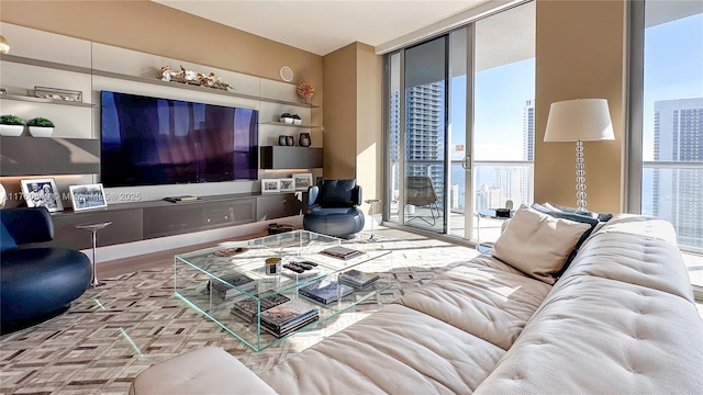 living room featuring wood finished floors and expansive windows