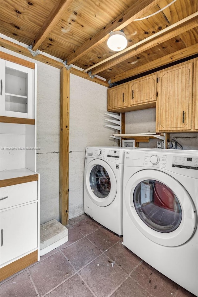 clothes washing area featuring cabinet space, wood ceiling, and washer and clothes dryer