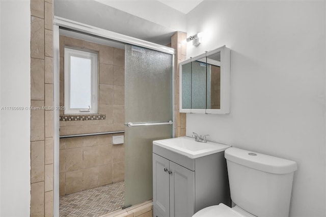 bathroom with a stall shower, toilet, and vanity