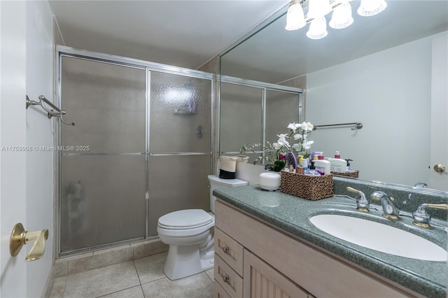 200 Leslie Dr Unit 430, Hallandale Beach, FL 33009 - bathroom featuring vanity, tile patterned flooring, a stall shower, toilet, and a chandelier