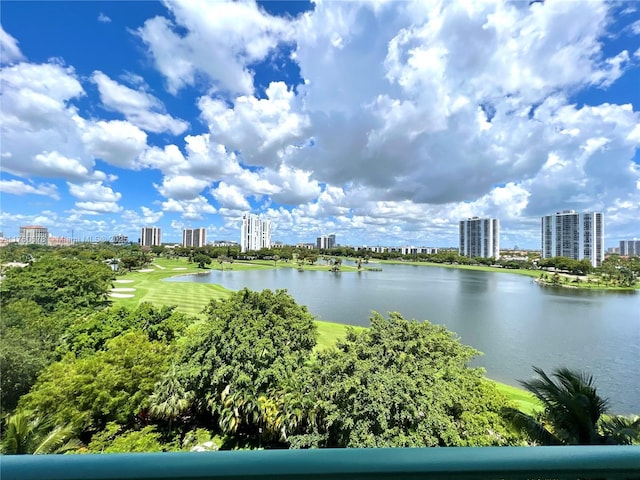 view of water feature with a city view