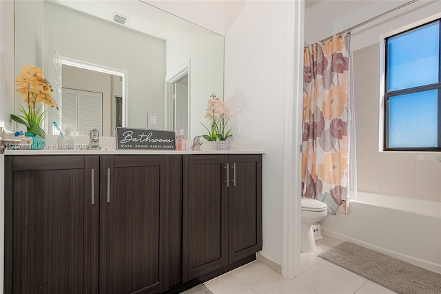 full bathroom featuring visible vents, shower / bathtub combination with curtain, toilet, tile patterned flooring, and vanity