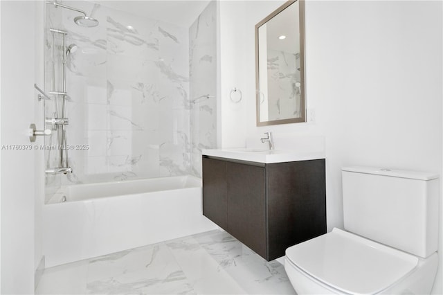 full bath with vanity, toilet, washtub / shower combination, and marble finish floor