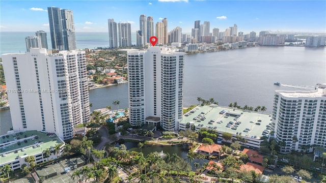 birds eye view of property featuring a city view and a water view