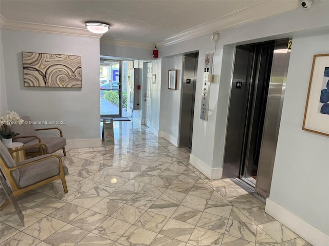 hallway with crown molding, baseboards, marble finish floor, and a textured ceiling