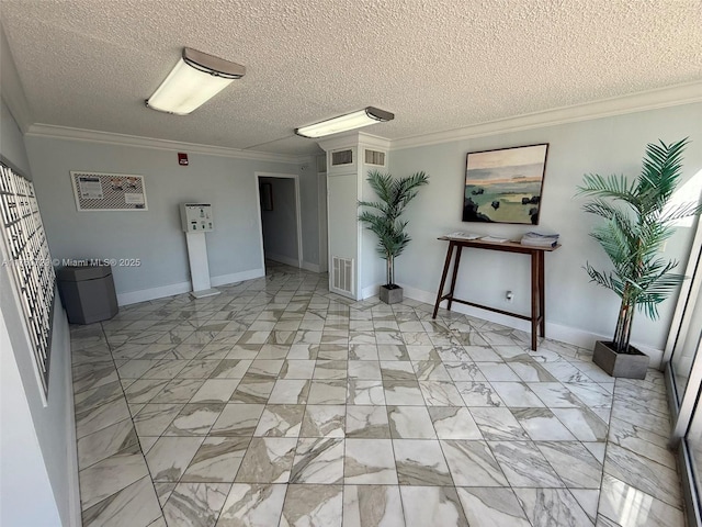 interior space with crown molding, visible vents, and marble finish floor