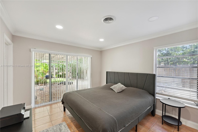 bedroom with baseboards, visible vents, light tile patterned flooring, recessed lighting, and ornamental molding