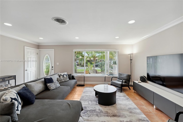 living room with visible vents, recessed lighting, crown molding, light tile patterned floors, and baseboards