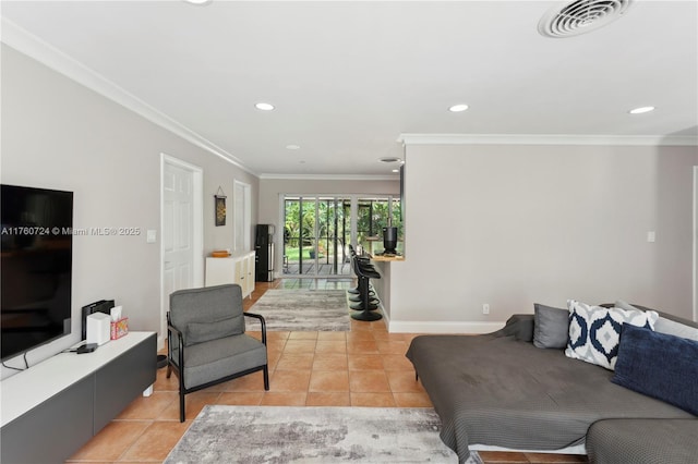 living area with light tile patterned floors, visible vents, recessed lighting, and crown molding