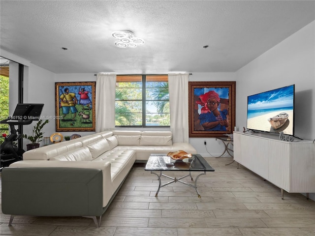 living area with light wood-style flooring, a wealth of natural light, and a textured ceiling