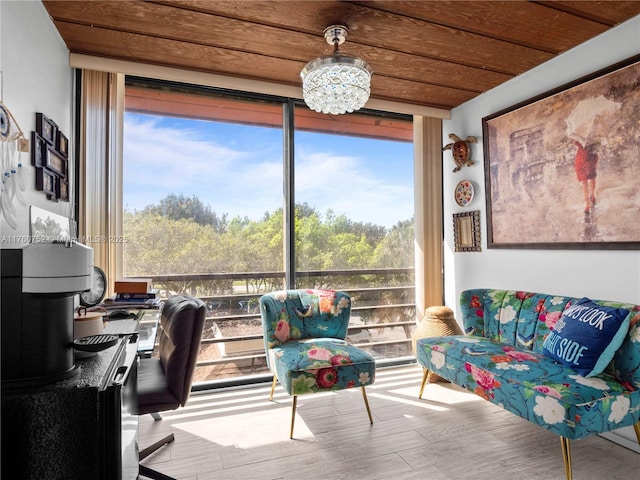 interior space with wood ceiling and wood finished floors