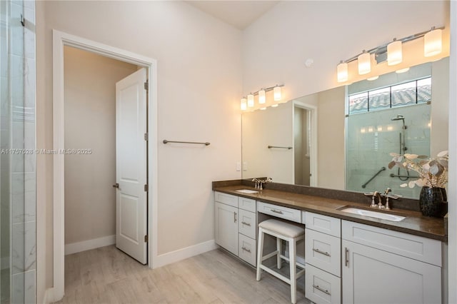 full bath featuring double vanity, a shower stall, wood finished floors, and a sink