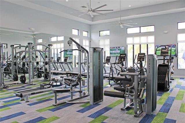 gym featuring a high ceiling, carpet, and ceiling fan