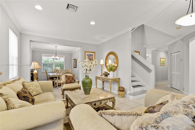 living room featuring visible vents, recessed lighting, crown molding, light tile patterned floors, and stairs