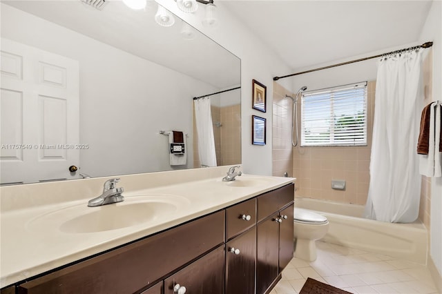 full bathroom with tile patterned flooring, shower / bath combination with curtain, double vanity, and a sink