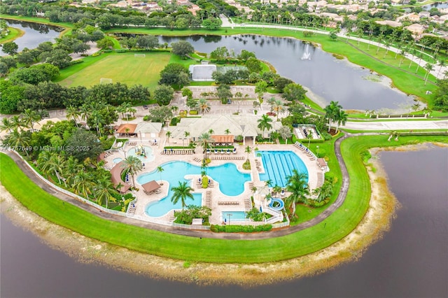 birds eye view of property featuring a water view