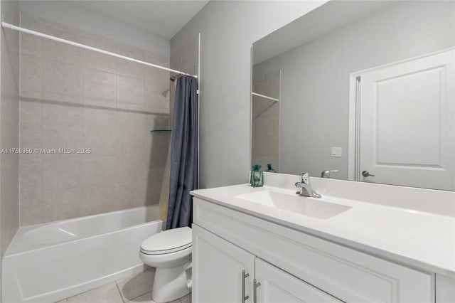 bathroom with toilet, shower / bath combo with shower curtain, tile patterned flooring, and vanity