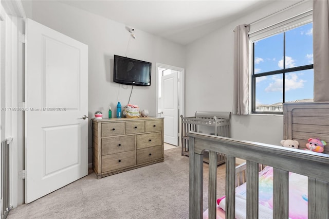 bedroom with light colored carpet