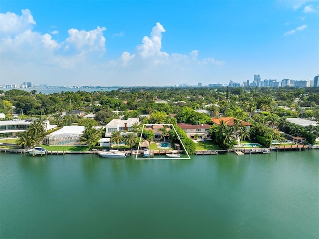 birds eye view of property featuring a city view and a water view