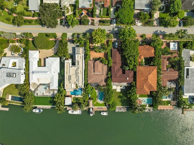 aerial view featuring a residential view and a water view