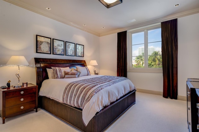 bedroom with crown molding, baseboards, and light carpet