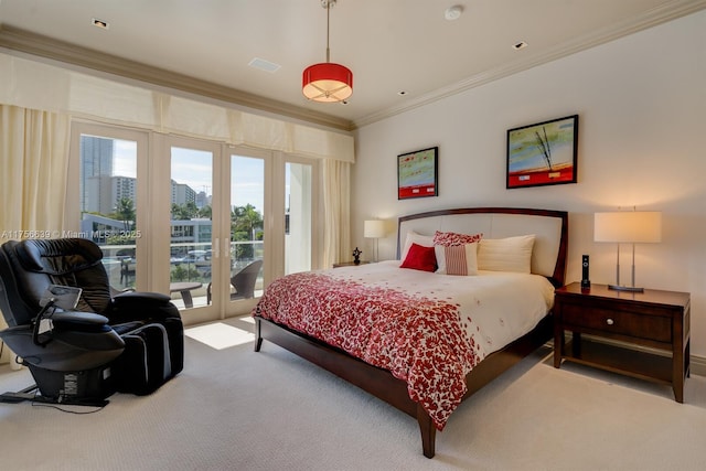 bedroom with a city view, crown molding, access to outside, and carpet flooring