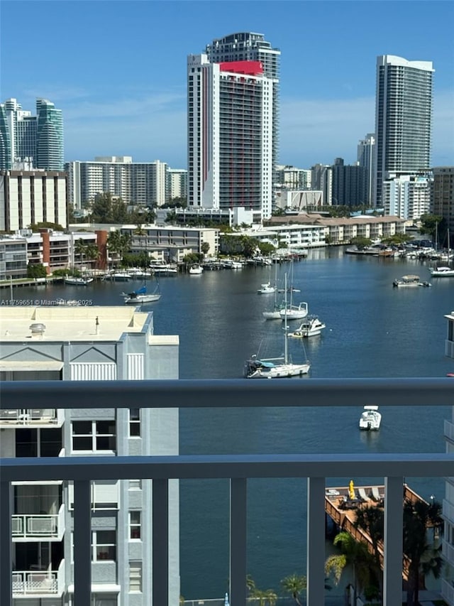 view of water feature with a city view