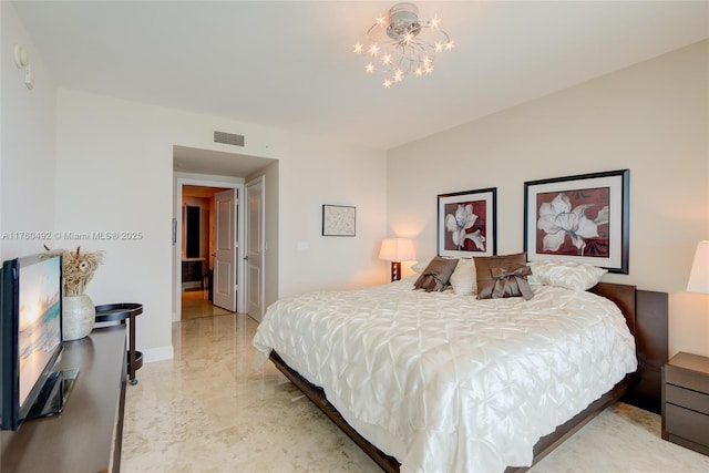 bedroom with a notable chandelier, baseboards, visible vents, and marble finish floor