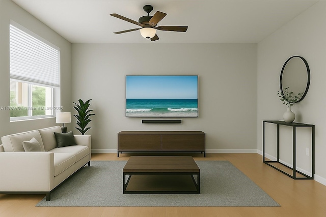 living area featuring baseboards, a ceiling fan, and wood finished floors