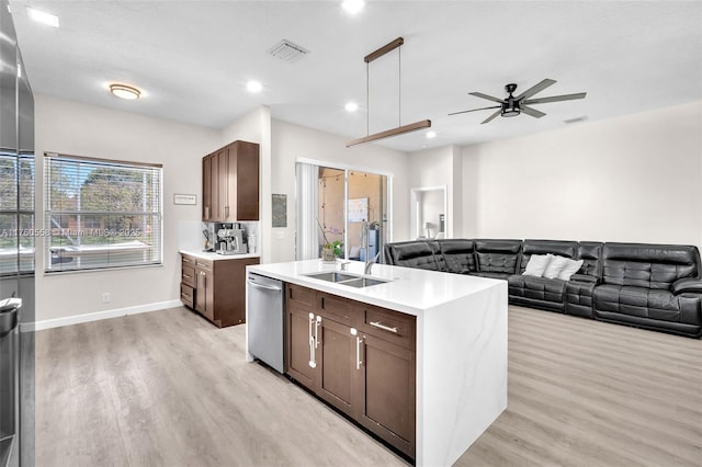 kitchen featuring visible vents, a sink, stainless steel dishwasher, open floor plan, and light countertops