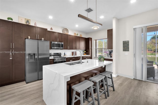 kitchen with a sink, visible vents, light wood finished floors, and stainless steel appliances