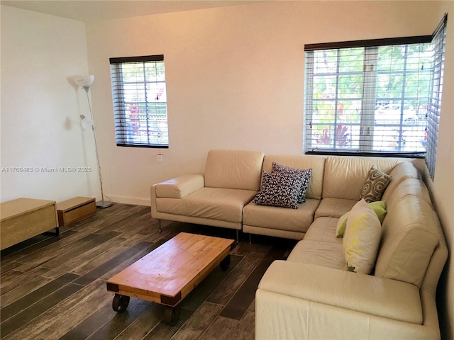 living area featuring baseboards and dark wood finished floors