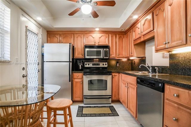 kitchen with a ceiling fan, a sink, backsplash, appliances with stainless steel finishes, and a raised ceiling