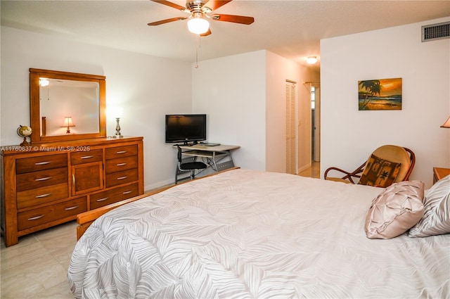 bedroom with visible vents, a closet, and ceiling fan