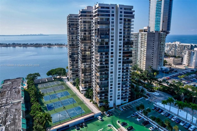 bird's eye view featuring a city view and a water view