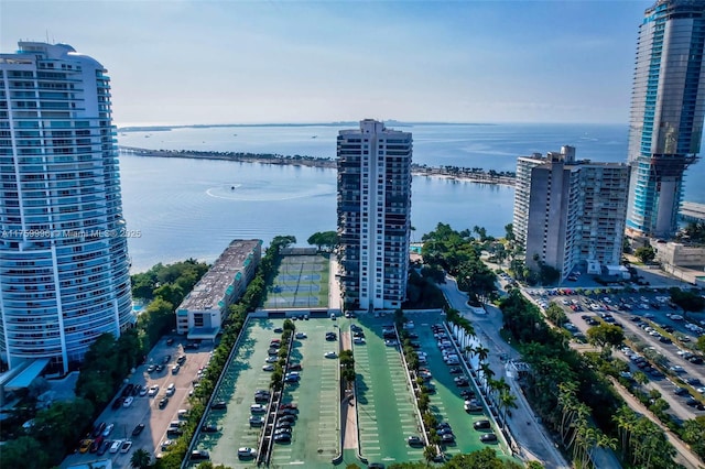 aerial view with a view of city and a water view