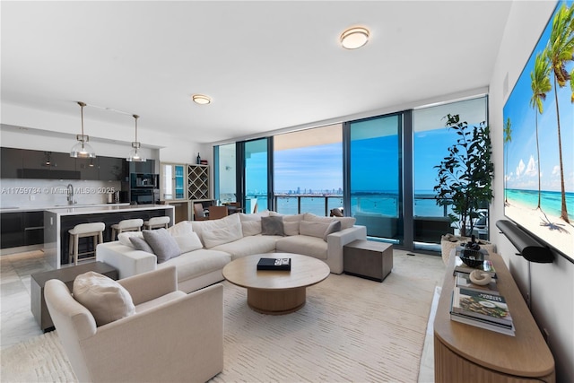 living area with a wall of windows and a water view