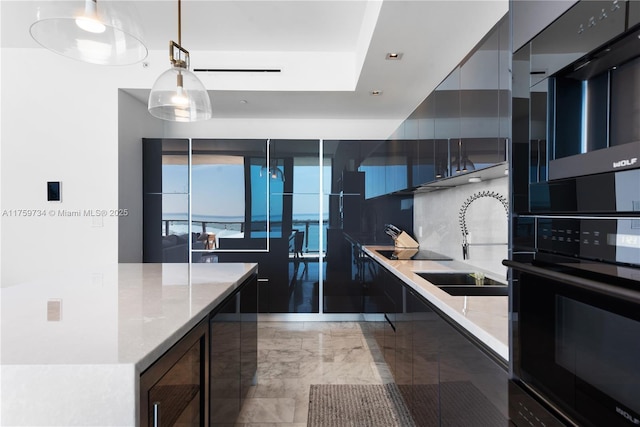 1451 Brickell Ave Unit 4002, Miami, FL 33131 - kitchen featuring modern cabinets, black appliances, beverage cooler, a sink, and light marble finish flooring