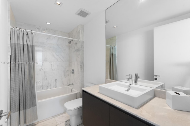 1451 Brickell Ave Unit 4002, Miami, FL 33131 - bathroom with toilet, shower / tub combo with curtain, vanity, marble finish flooring, and recessed lighting