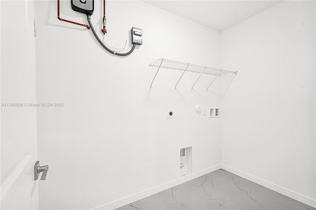 washroom featuring baseboards, laundry area, hookup for a washing machine, marble finish floor, and electric dryer hookup